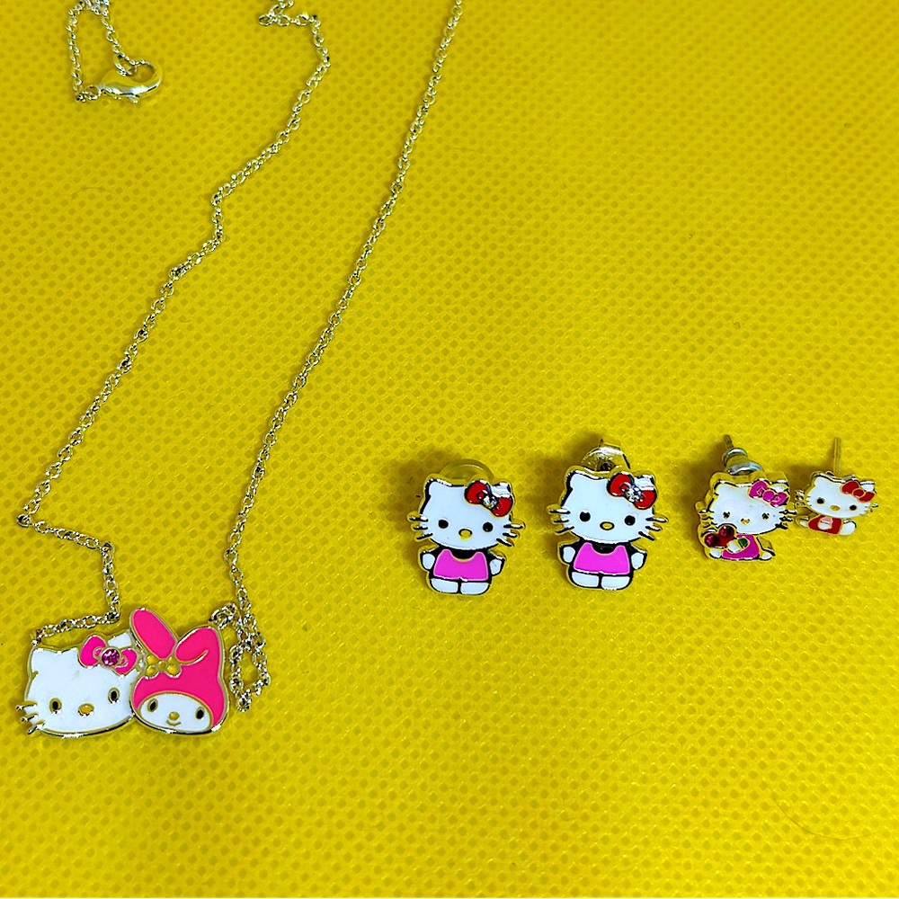 Sanrio Hello Kitty Necklace w/ My Melody and Earrings
